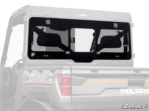 SuperATV glass sliding rear windshield on a Polaris Ranger, front view