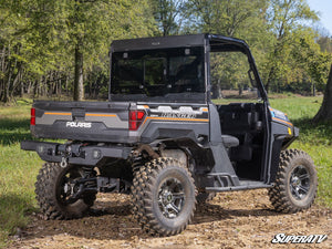 SuperATV glass sliding rear windshield on a Polaris Ranger, angle view