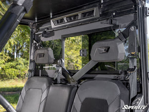 SuperATV glass sliding rear windshield on a Polaris Ranger, installed close-up