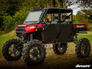 SuperATV glass windshield on a Polaris Ranger, angle view