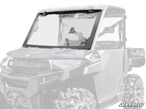 SuperATV MaxDrive power flip glass windshield on a Polaris Ranger, front view