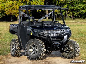 SuperATV MaxDrive power flip glass windshield on a Polaris Ranger, cab view