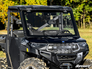 SuperATV MaxDrive power flip glass windshield on a Polaris Ranger, detail view