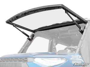 SuperATV MaxDrive power flip windshield on a Polaris Ranger, front view