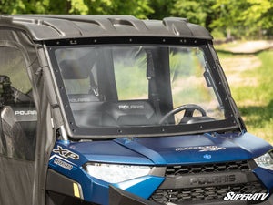 SuperATV MaxDrive power flip windshield on a Polaris Ranger, side view
