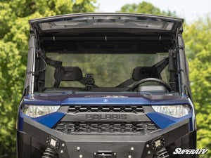 SuperATV MaxDrive power flip windshield on a Polaris Ranger, installed close-up