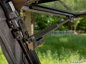SuperATV MaxDrive power flip windshield on a Polaris Ranger, cab view