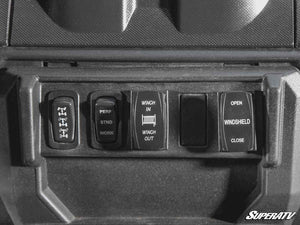 SuperATV MaxDrive power flip windshield on a Polaris Ranger, detail view