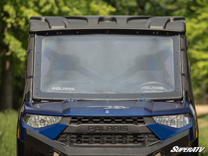 SuperATV MaxDrive power flip windshield on a Polaris Ranger, mounted view