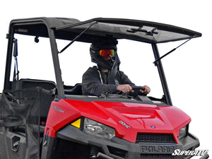 SuperATV flip windshield on a Polaris Ranger Midsize, front view