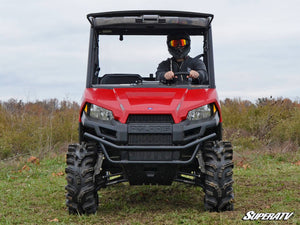 SuperATV flip windshield on a Polaris Ranger Midsize, angle view