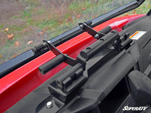 SuperATV flip windshield on a Polaris Ranger Midsize, installed close-up
