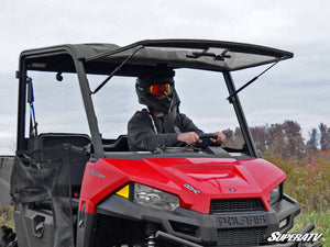 SuperATV flip windshield on a Polaris Ranger Midsize, detail view