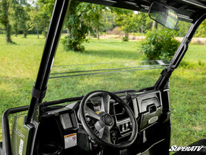 SuperATV half windshield on a Polaris Ranger Midsize, installed close-up