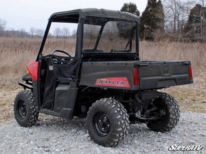 SuperATV rear windshield on a Polaris Ranger Midsize, front view