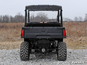 SuperATV rear windshield on a Polaris Ranger Midsize, angle view