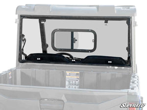 SuperATV sliding rear windshield on a Polaris Ranger Midsize, front view