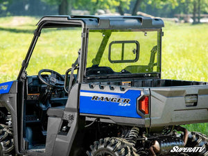 SuperATV sliding rear windshield on a Polaris Ranger Midsize, installed close-up