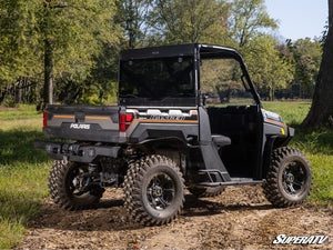 SuperATV rear glass windshield on a Polaris Ranger, angle view