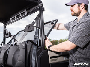 SuperATV rear windshield on a Polaris Ranger, mounted view