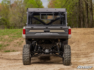SuperATV sliding rear windshield on a Polaris Ranger, installed close-up