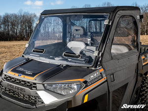 SuperATV vented full windshield on a Polaris Ranger, installed close-up