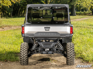 SuperATV glass sliding rear windshield on a Polaris Ranger XD 1500, angle view