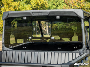 SuperATV glass sliding rear windshield on a Polaris Ranger XD 1500, installed close-up