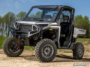 SuperATV glass windshield on a Polaris Ranger XD 1500, angle view