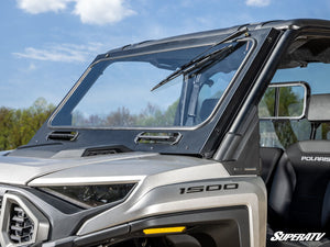 SuperATV glass windshield on a Polaris Ranger XD 1500, side view