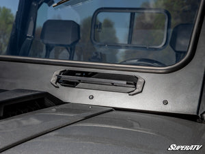 SuperATV glass windshield on a Polaris Ranger XD 1500, installed close-up