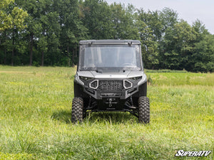 SuperATV MaxDrive power flip windshield on a Polaris Ranger XD 1500, angle view
