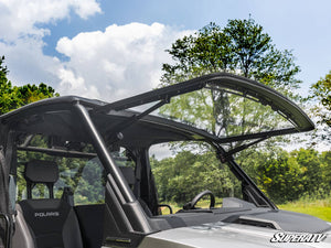 SuperATV MaxDrive power flip windshield on a Polaris Ranger XD 1500, installed close-up