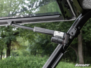 SuperATV MaxDrive power flip windshield on a Polaris Ranger XD 1500, hardware detail