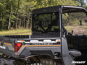 SuperATV rear glass windshield on a Polaris Ranger XD 1500, installed close-up