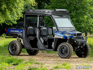 SuperATV flip down glass windshield on a Polaris Ranger XP 1000, angle view
