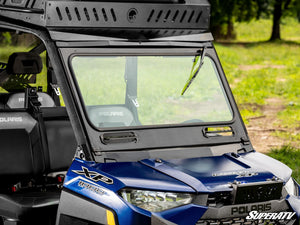 SuperATV flip down glass windshield on a Polaris Ranger XP 1000, installed close-up