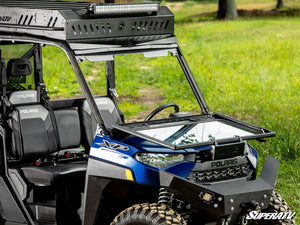 SuperATV flip down glass windshield on a Polaris Ranger XP 1000, cab view