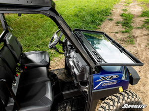 SuperATV flip down glass windshield on a Polaris Ranger XP 1000, detail view
