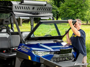 SuperATV flip down glass windshield on a Polaris Ranger XP 1000, edge detail