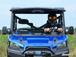 SuperATV flip windshield on a Polaris Ranger XP 900, angle view