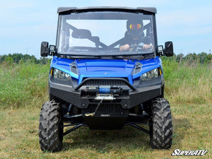 SuperATV flip windshield on a Polaris Ranger XP 900, detail view