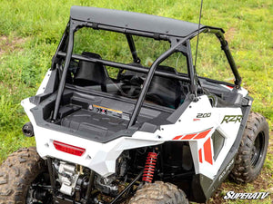 SuperATV rear windshield on a Polaris RZR 200, installed close-up