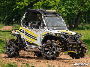 SuperATV flip windshield on a Polaris RZR, angle view