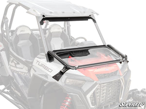 SuperATV flip down glass windshield on a Polaris RZR, front view