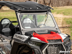 SuperATV flip down glass windshield on a Polaris RZR, angle view