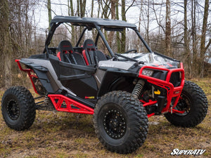 SuperATV flip down windshield on a Polaris RZR, angle view