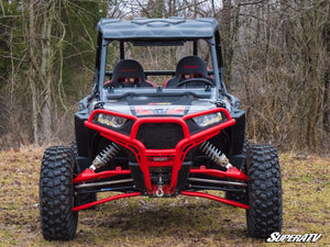 SuperATV flip down windshield on a Polaris RZR, installed close-up