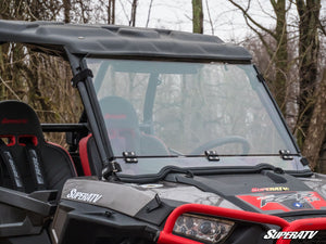 SuperATV flip down windshield on a Polaris RZR, detail view