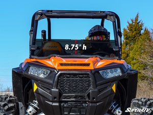 SuperATV half windshield on a Polaris RZR, feature detail graphic